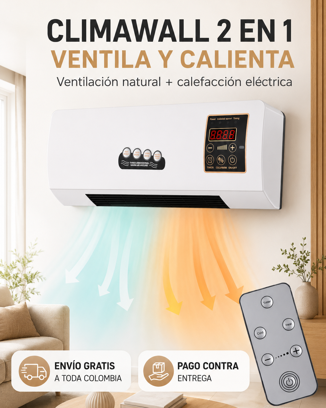 ClimaWall 2 en 1 – Ventilador y Calefactor Eléctrico de Pared con Control Remoto