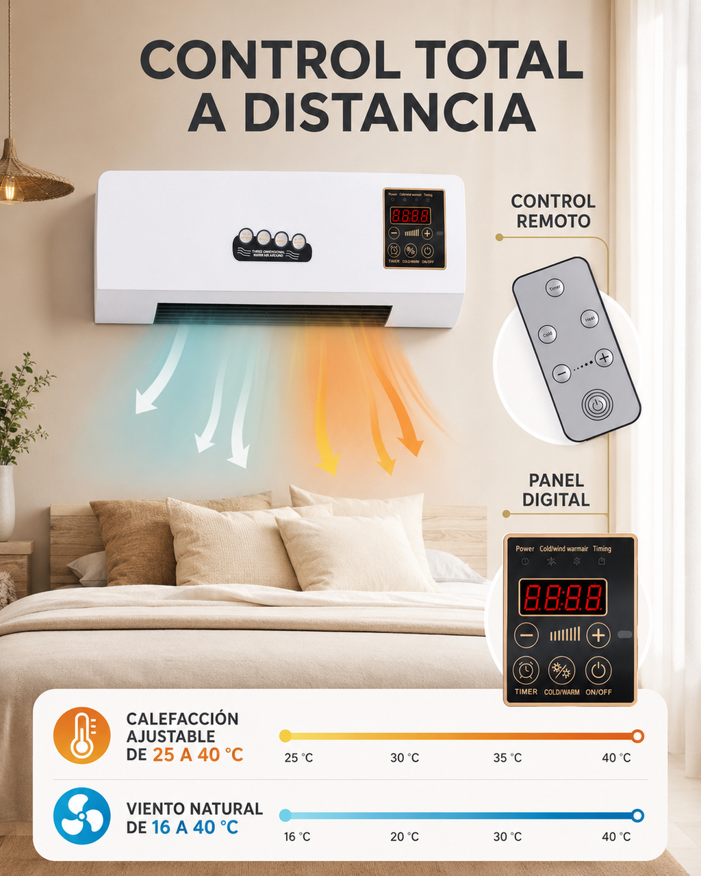 ClimaWall 2 en 1 – Ventilador y Calefactor Eléctrico de Pared con Control Remoto