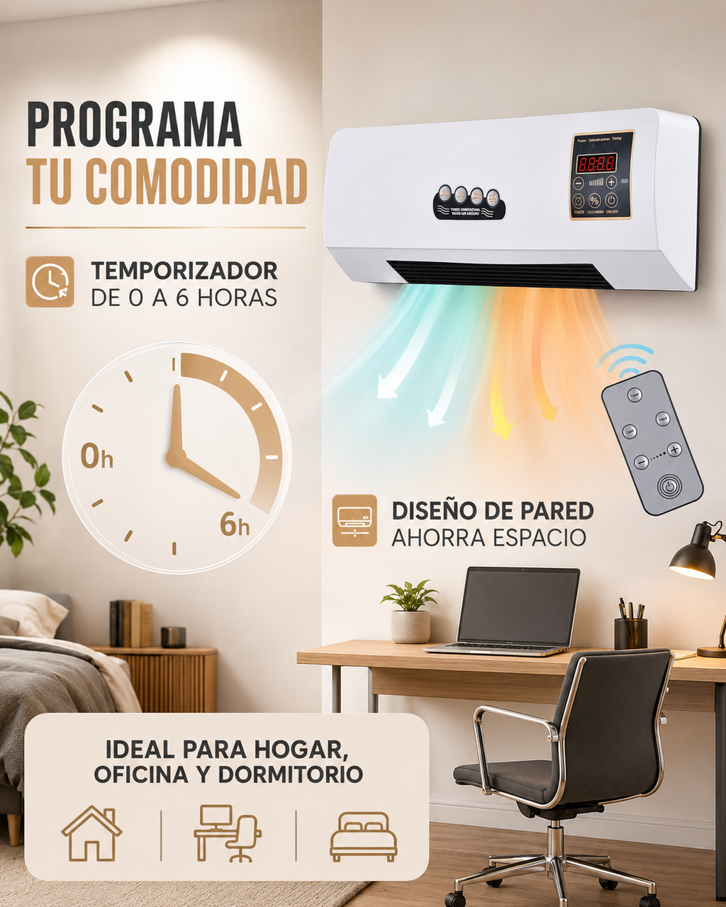 ClimaWall 2 en 1 – Ventilador y Calefactor Eléctrico de Pared con Control Remoto