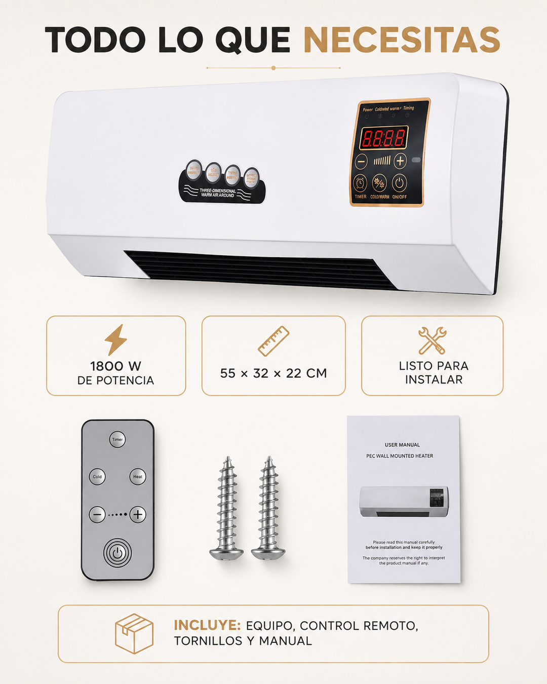 ClimaWall 2 en 1 – Ventilador y Calefactor Eléctrico de Pared con Control Remoto