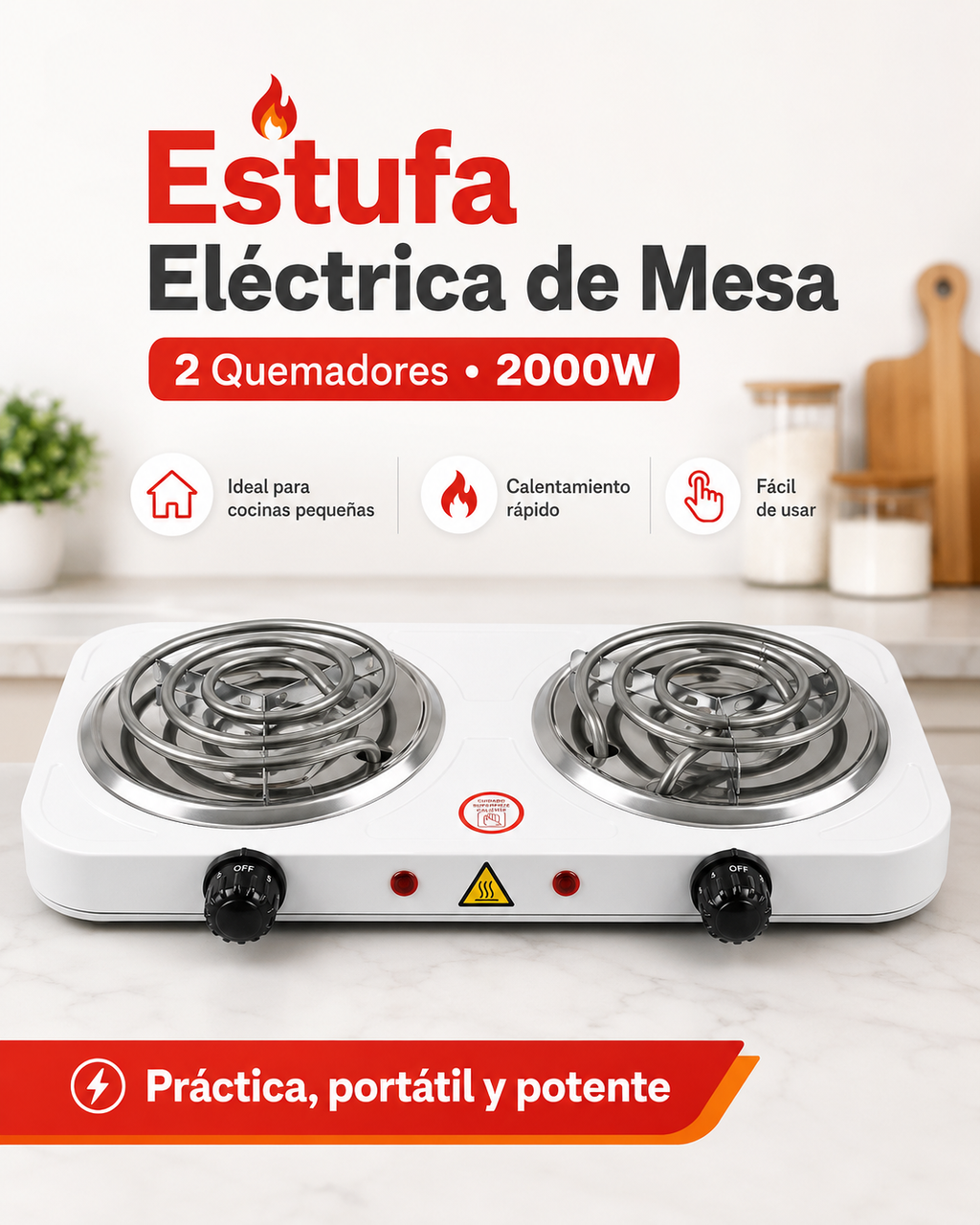 Estufa Eléctrica de Mesa - 2 Quemadores 2000W