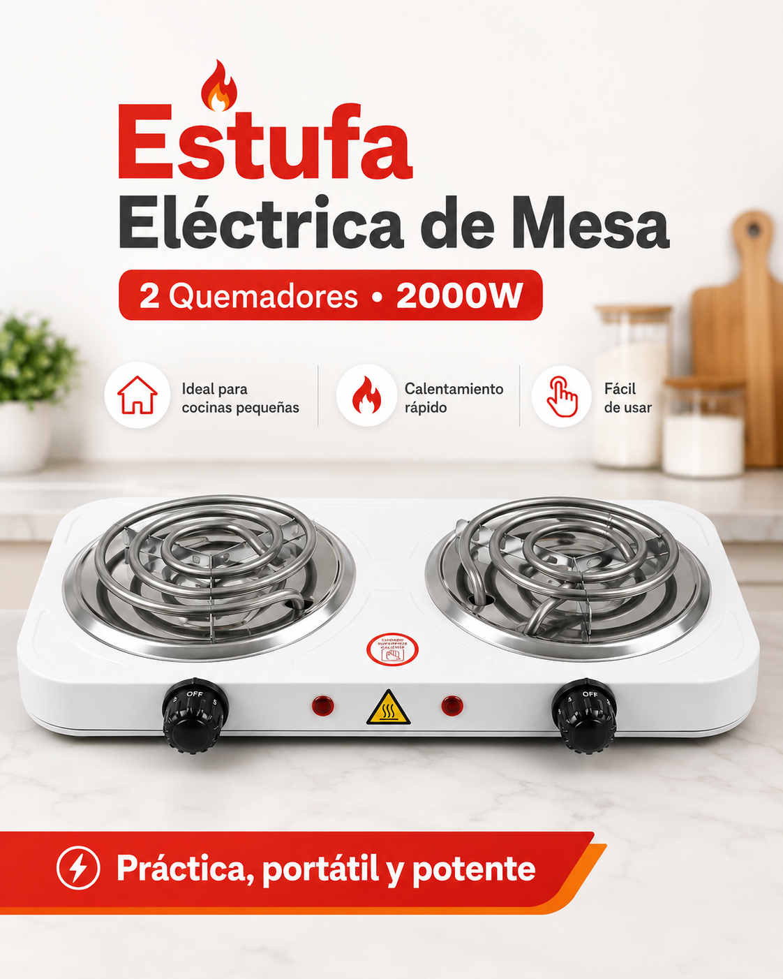 Estufa Eléctrica de Mesa - 2 Quemadores 2000W