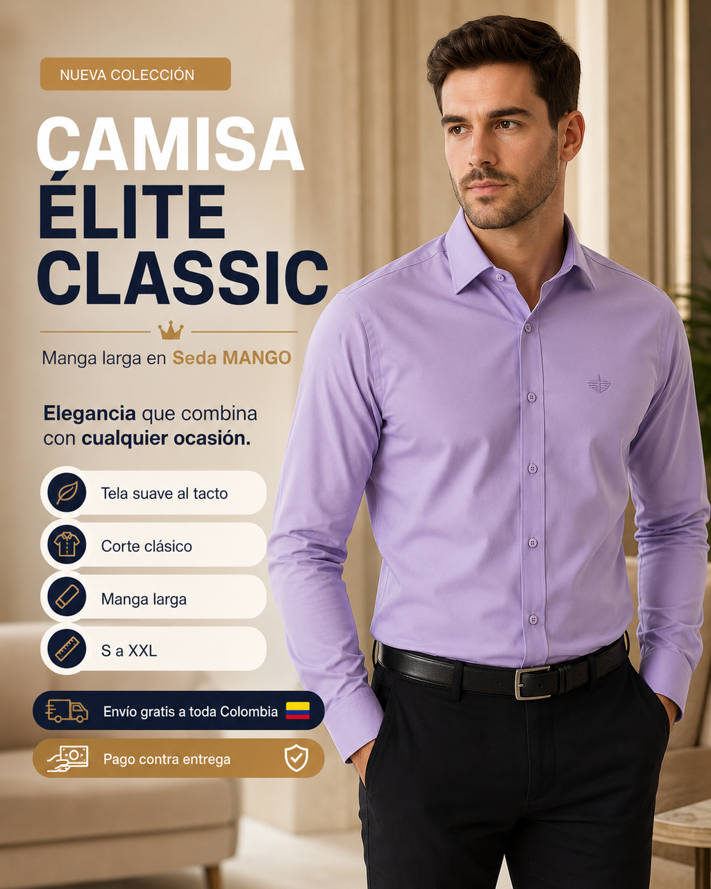Camisa Élite Classic – Manga Larga en Seda Mango