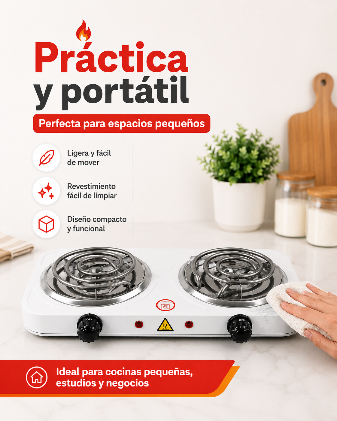 Estufa Eléctrica de Mesa - 2 Quemadores 2000W