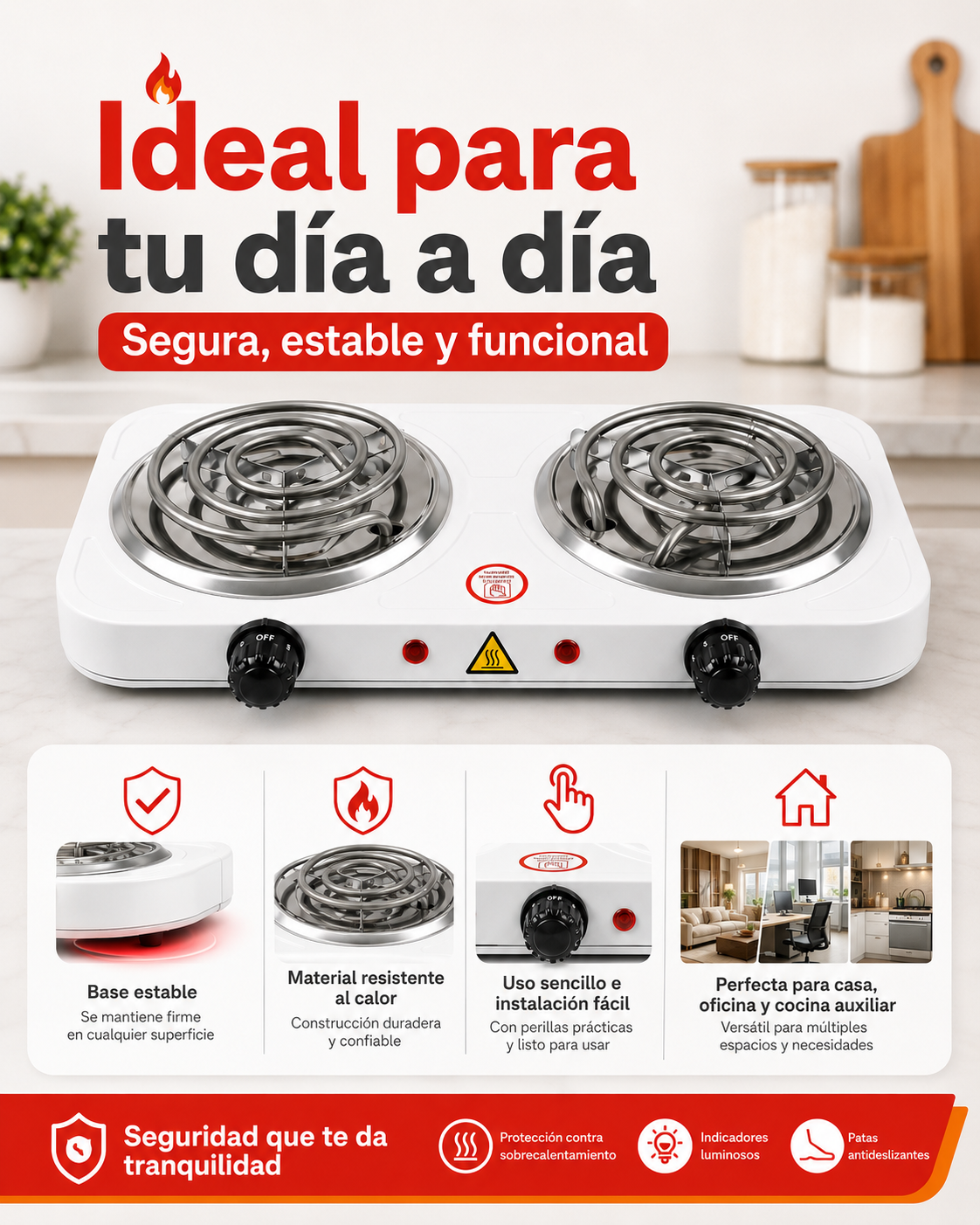 Estufa Eléctrica de Mesa - 2 Quemadores 2000W
