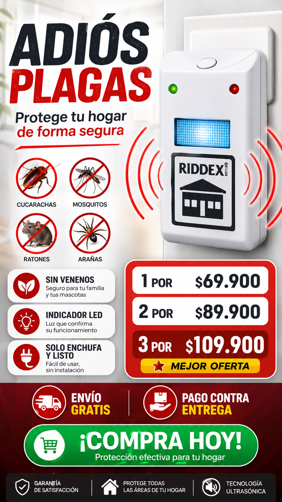 RIDDEX HOGAR SHIELD - Protección Electrónica Contra Plagas Sin Venenos