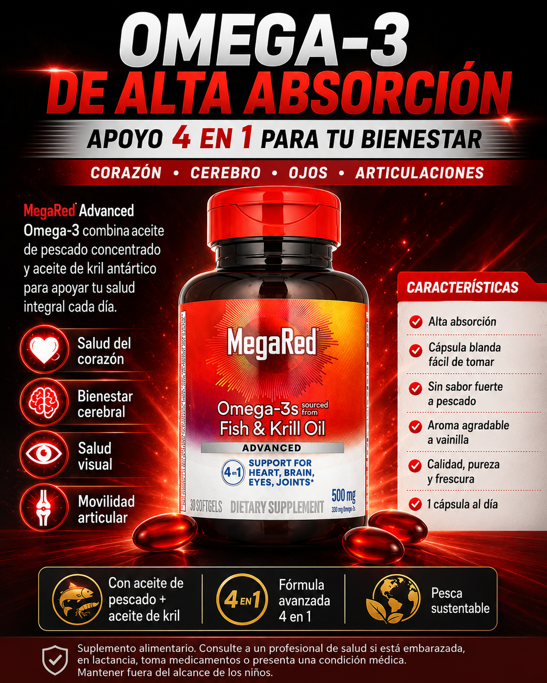 MegaRed® Omega-3 + Krill: Cuida tu corazón, mente y articulaciones