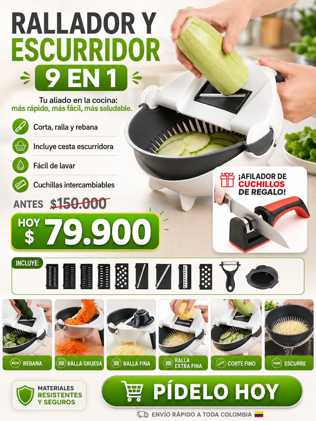 RALLADOR Y ESCURRIDOR 9 en 1 + AFILADOR DE CUCHILLOS DE REGALO