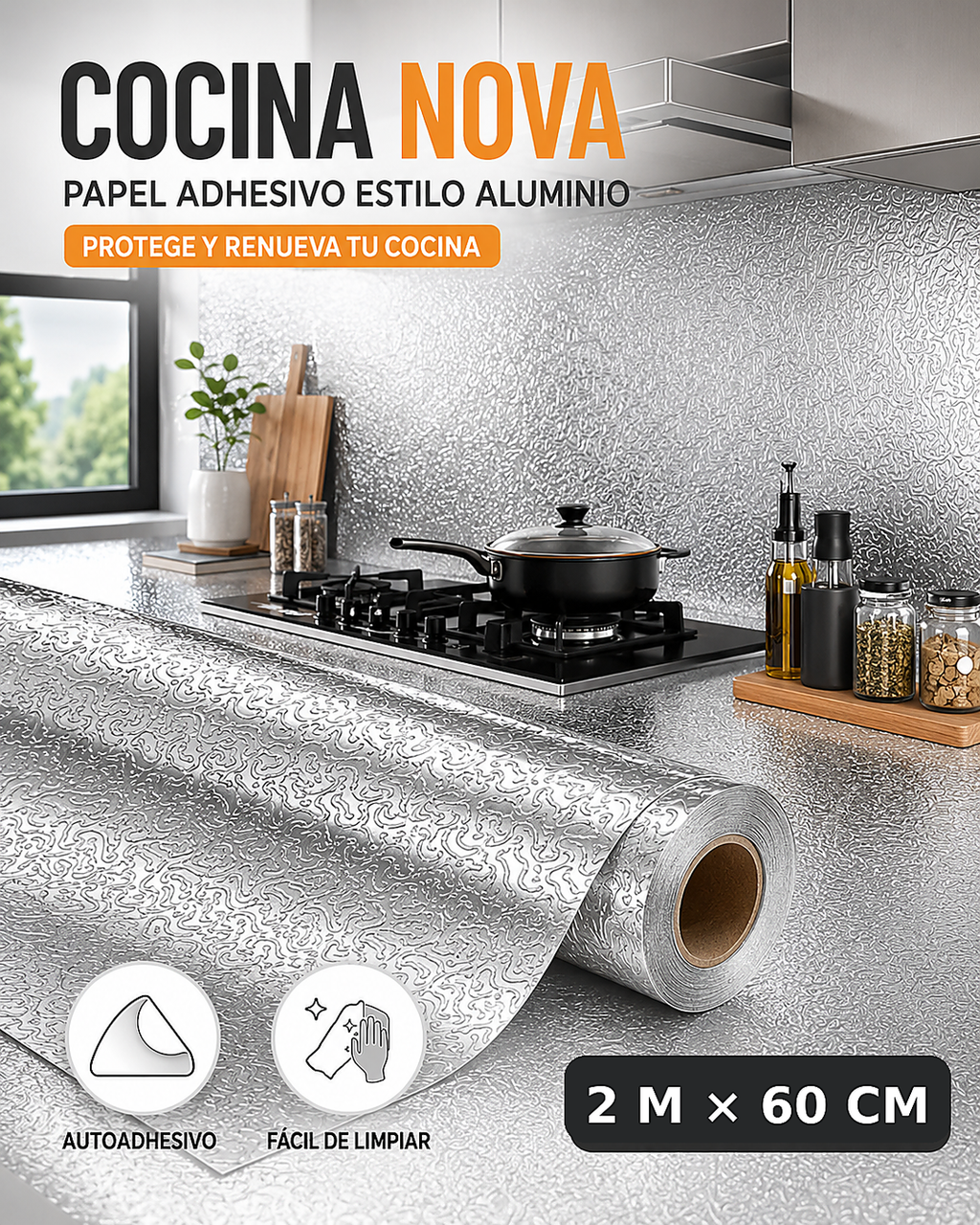 COCINANOVA - Papel Adhesivo de Aluminio - 2 Metros