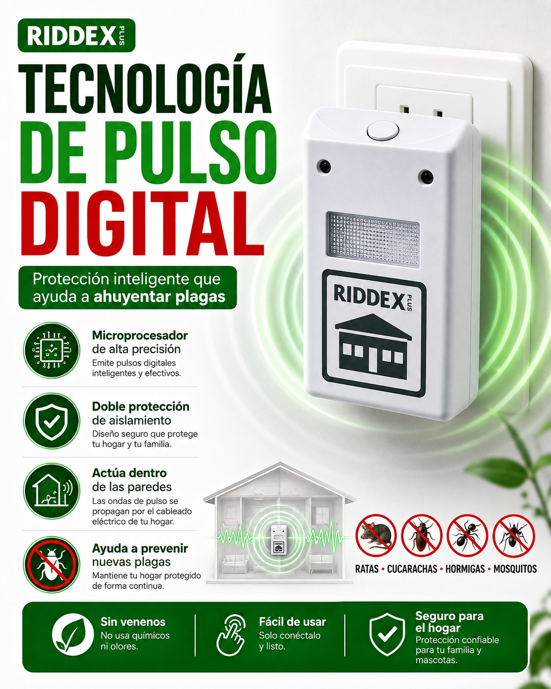 RIDDEX HOGAR SHIELD - Protección Electrónica Contra Plagas Sin Venenos