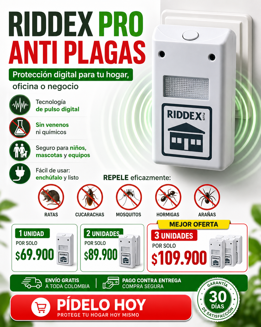 RIDDEX HOGAR SHIELD - Protección Electrónica Contra Plagas Sin Venenos