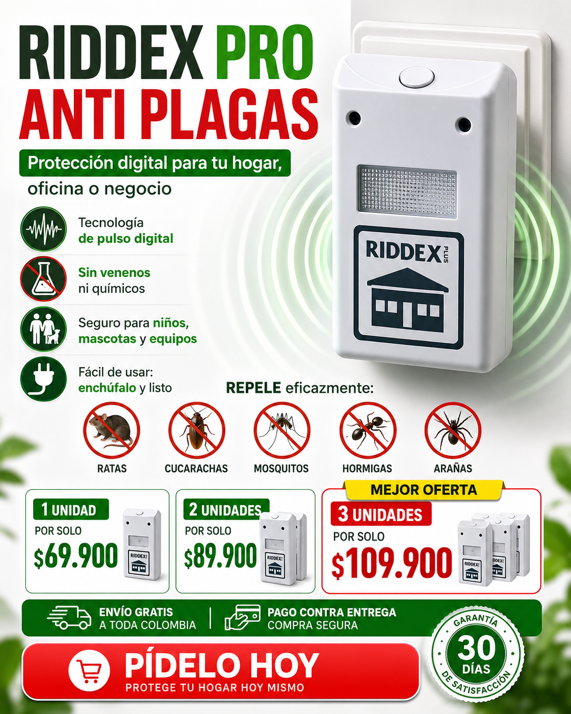 RIDDEX HOGAR SHIELD - Protección Electrónica Contra Plagas Sin Venenos